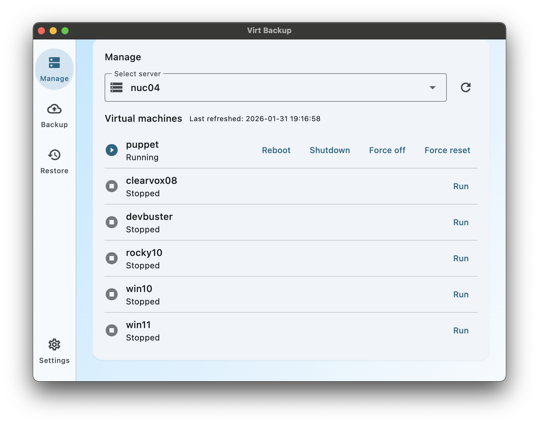 Manage screen showing server and virtual machine controls.
