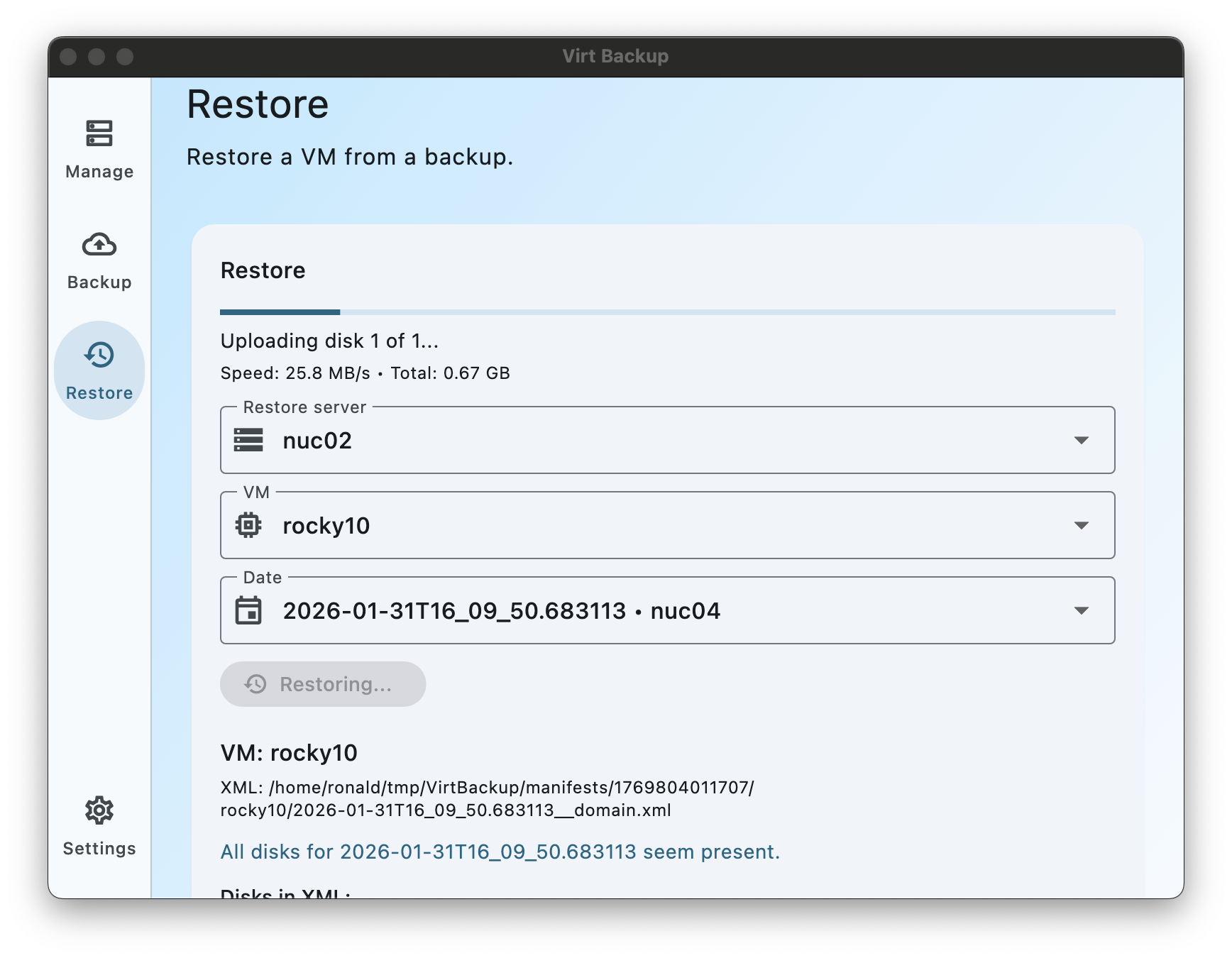 Restore screen with progress bar and selected backup date.